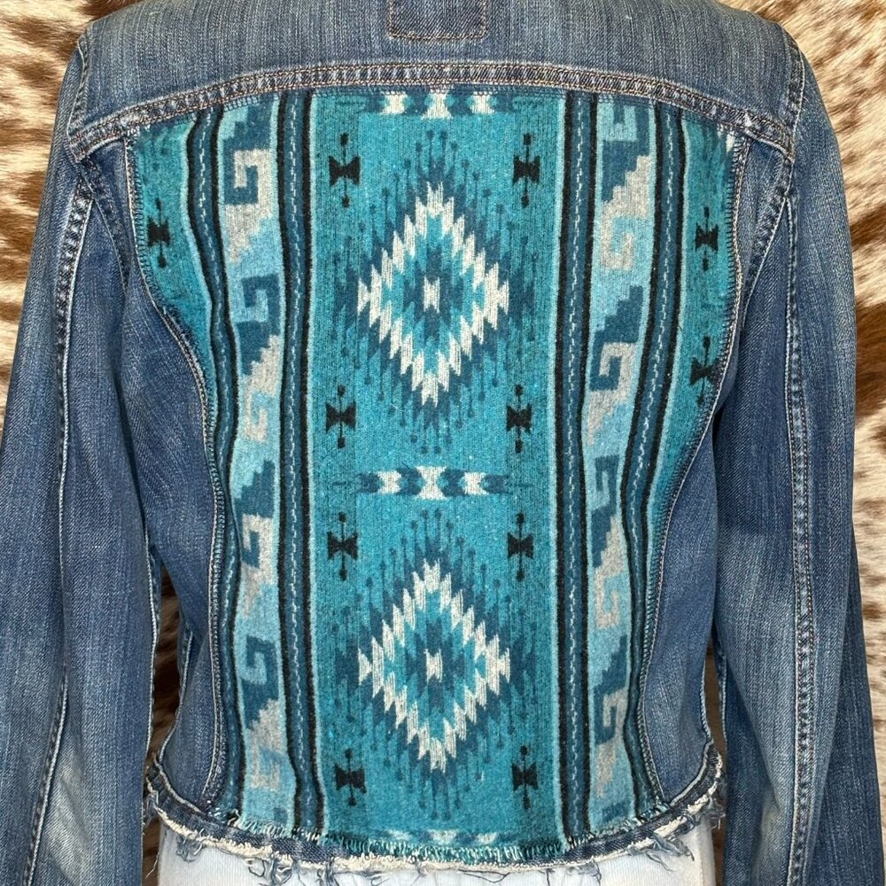 OOAK UpCycled Western Jean Jacket Turquoise, Dark blue Aztec wool accent - M
